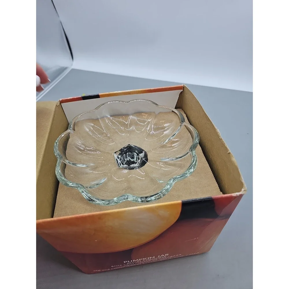 Vintage Dunkin Donuts Anchor Hocking Glass Pumpkin Candy Jar w/ Lid‎ Box Fall
